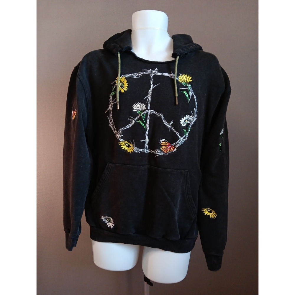 Honor The Gift Barbed Wire Peace Embroidery Flowers Heavy Hoodie Sz S Y2k Grunge